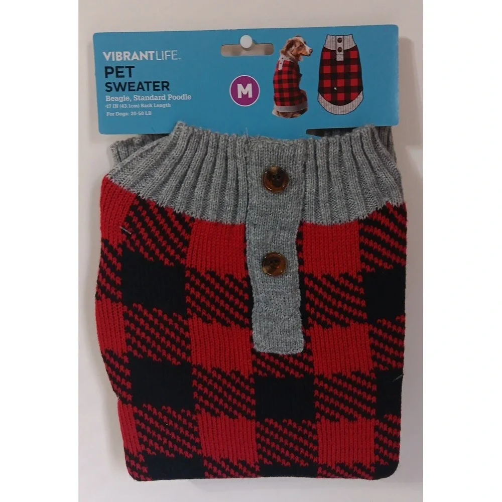 Pet Sweater Lumberjack Plaid M Dog Cat 17 Inch Back Length Vibrant Life‎ READ